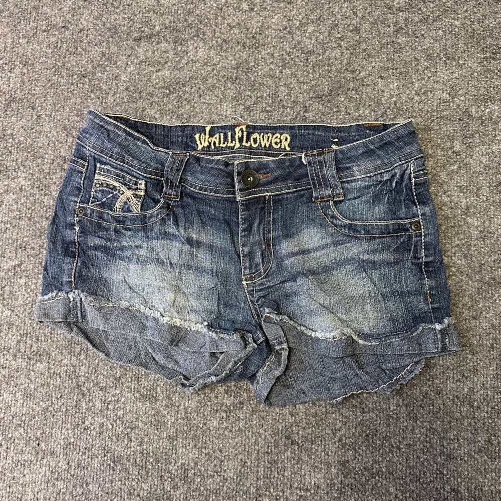 WallFlower Denim Shorts Womens Size 5 Blue Raw Hem Embroidered Pockets Casual